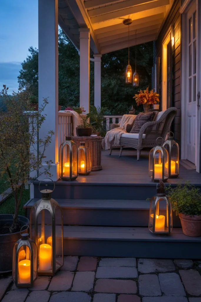 Warm candle lantern glow on front porch