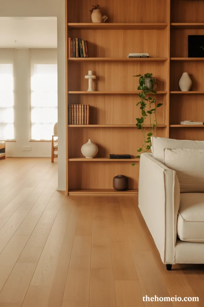 Scandinavian living room with light oak flooring oak open shelving few books ceramic vase small plant and pale linen sofa