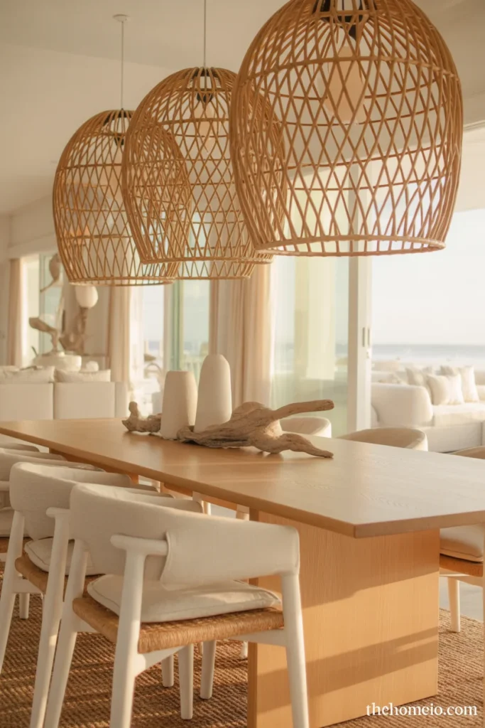 Woven pendant lighting in coastal dining room