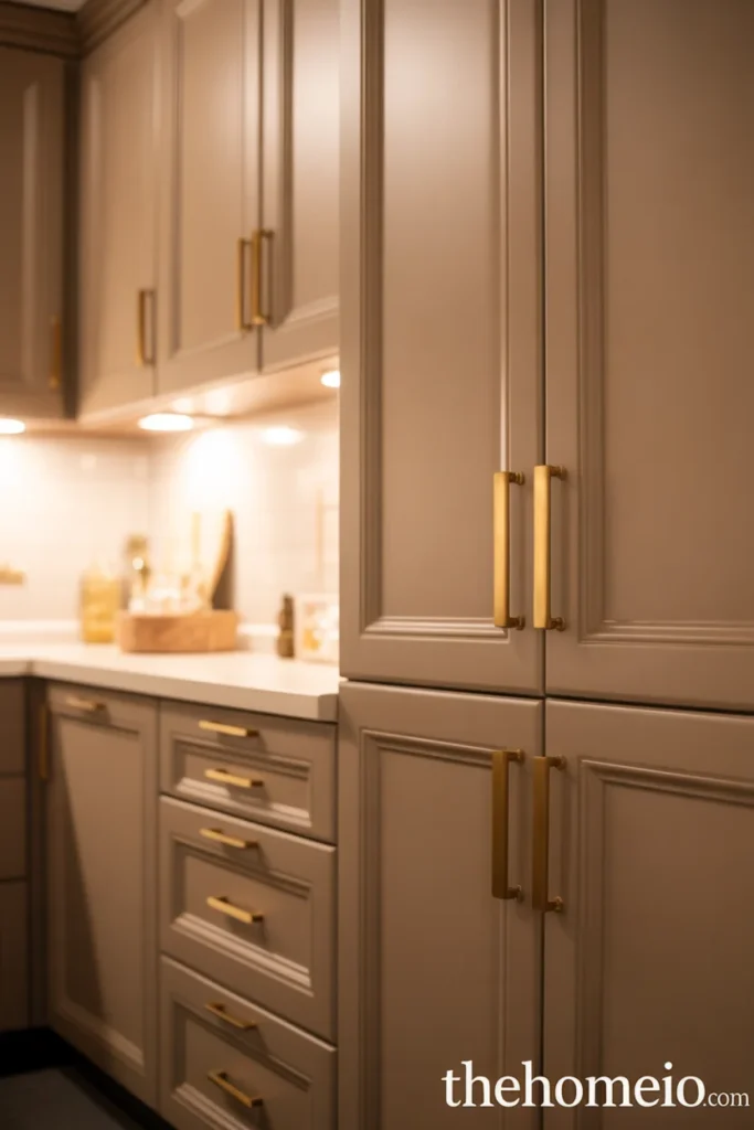 Taupe cabinets with brushed brass hardware detail