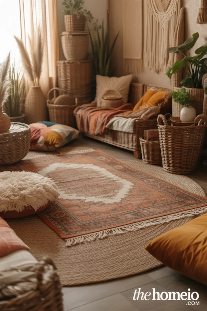 Layered jute rugs in boho cozy living room