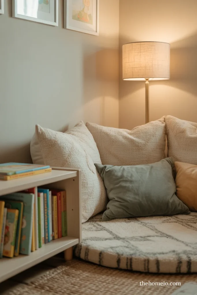 Cozy toddler reading corner with cushions and bookshelf