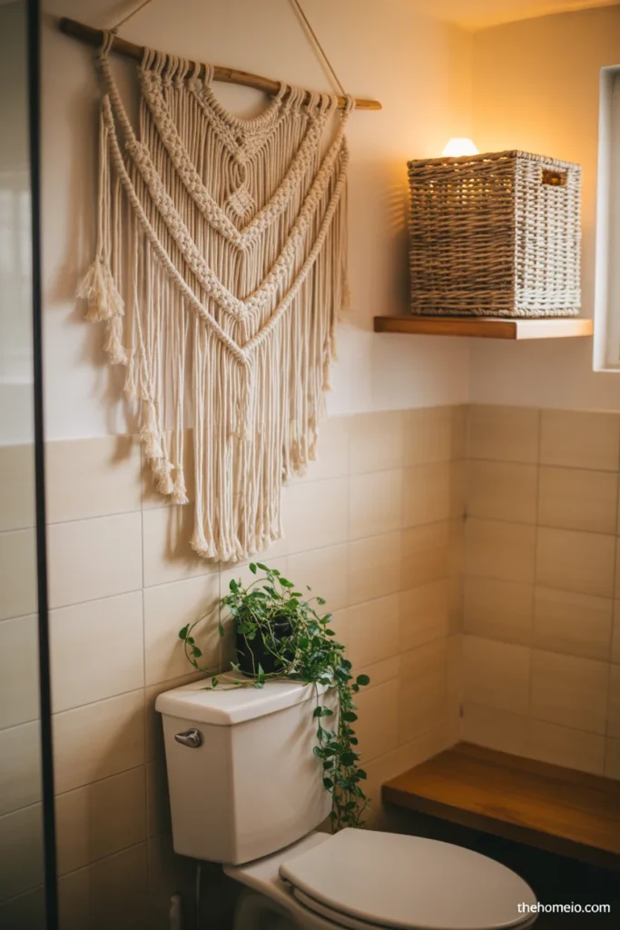 Boho bathroom with large cream cotton macramé wall hanging above toilet small trailing plant and wooden shelf with woven basket