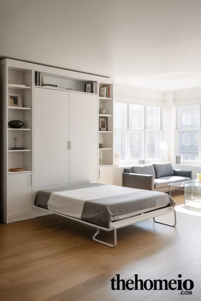 Small apartment with murphy bed folded into white cabinet wall with integrated shelving floor space freed for sofa and coffee table