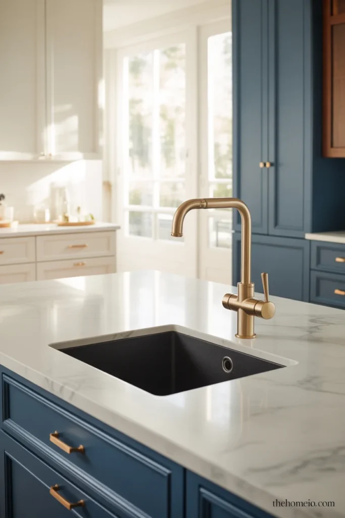 Transitional kitchen with matte black composite granite undermount sink in white marble countertop and brushed gold single lever faucet