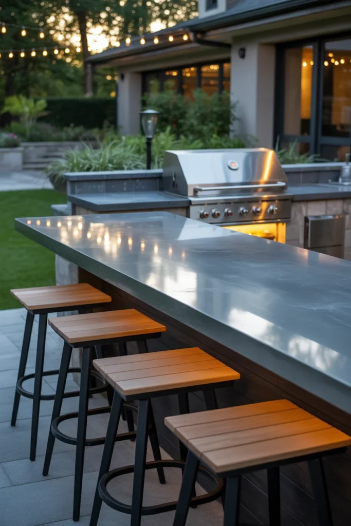 Outdoor grill island with bar seating and large countertop