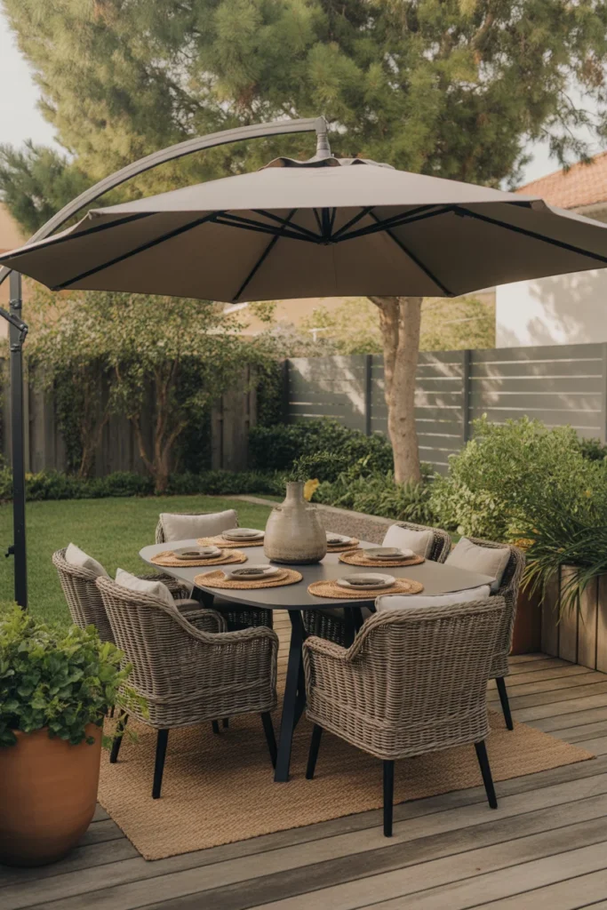 Patio dining area with cantilever umbrella shade