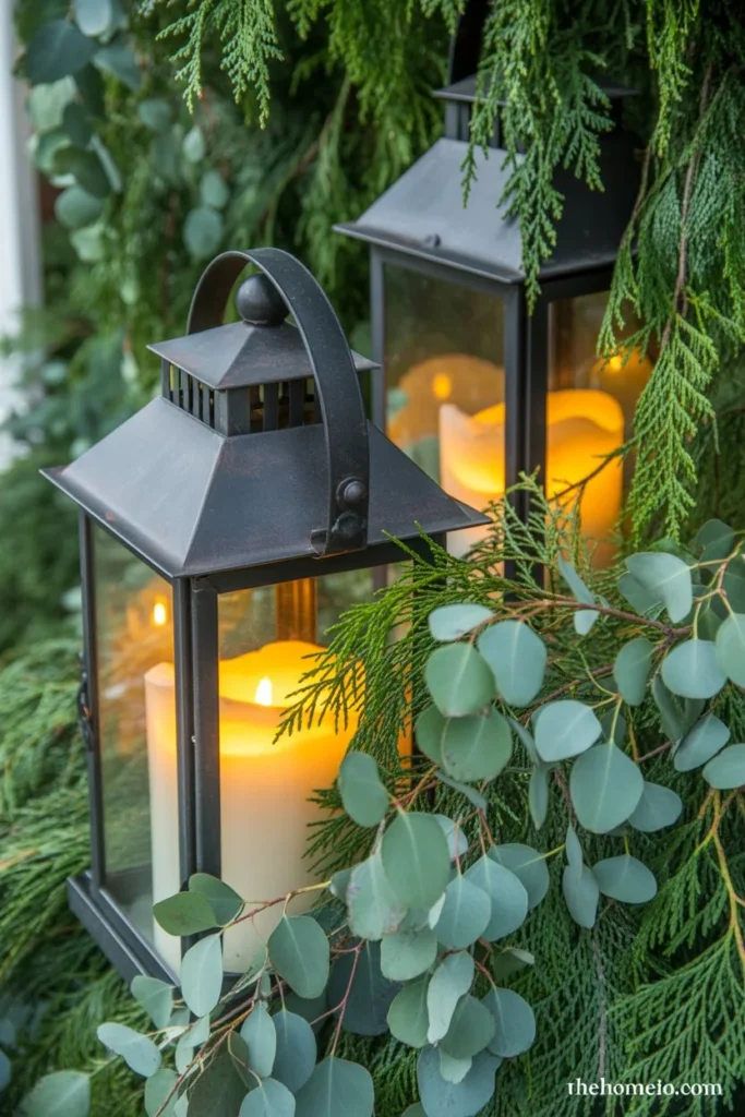 Front porch lantern decor with greenery