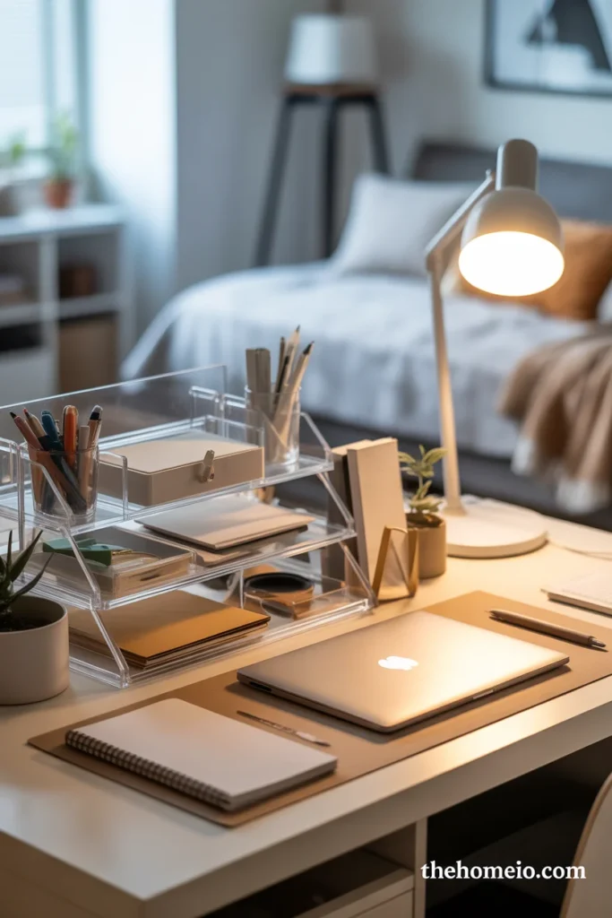 Stylish college dorm desk organization