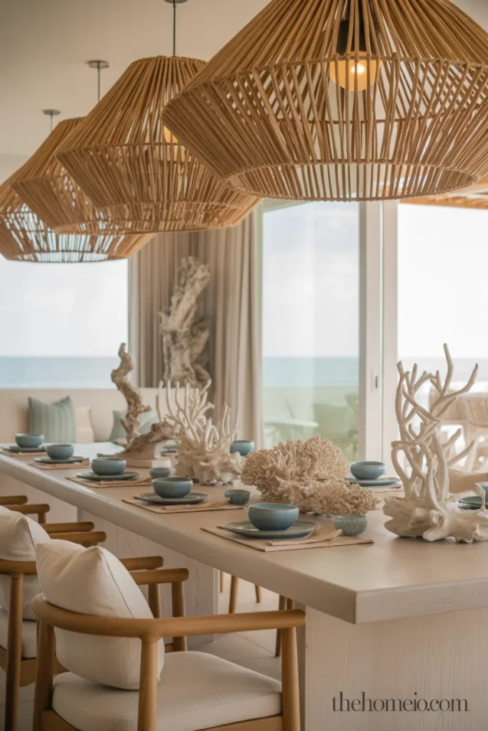 Woven pendant lighting in coastal dining room