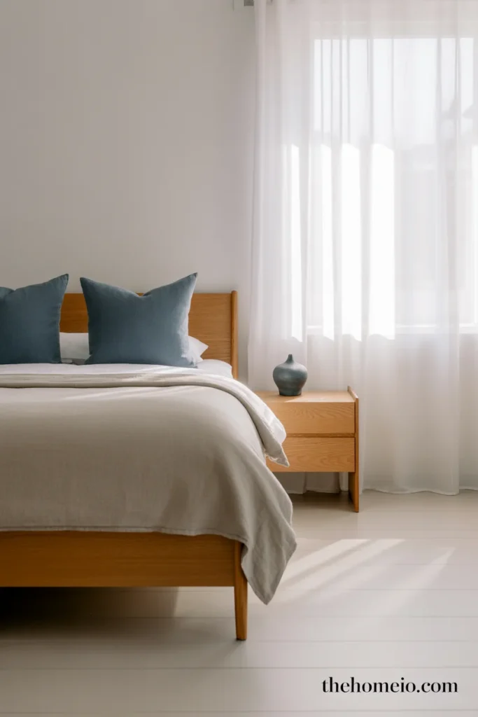 Scandinavian bedroom with white walls warm gray bedding dusty blue accent in cushions and vase light oak bedframe and sheer curtains