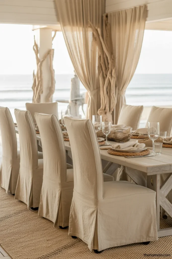 Linen dining chairs in coastal dining room