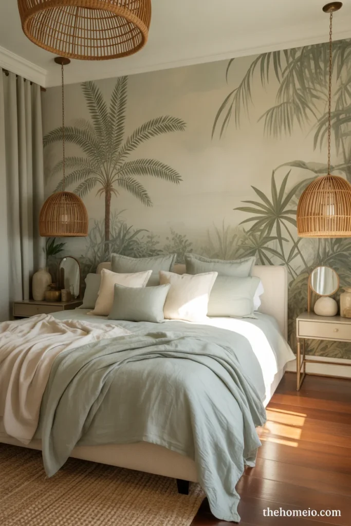 Elegant tropical wallpaper in Palm Beach bedroom