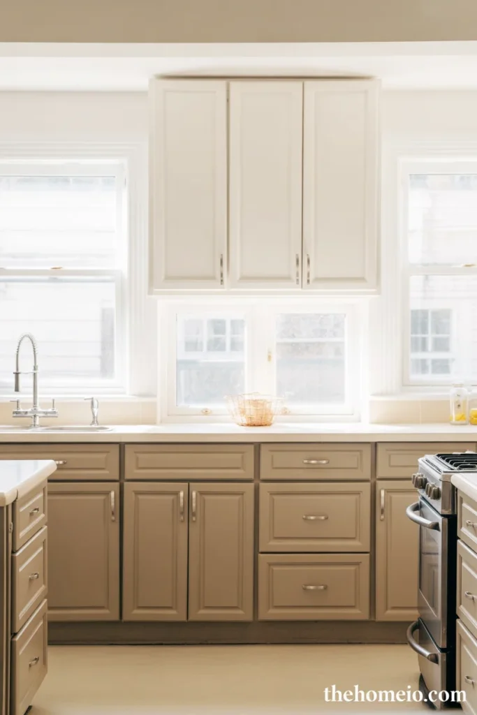 Two tone kitchen with taupe lower cabinets and white uppers