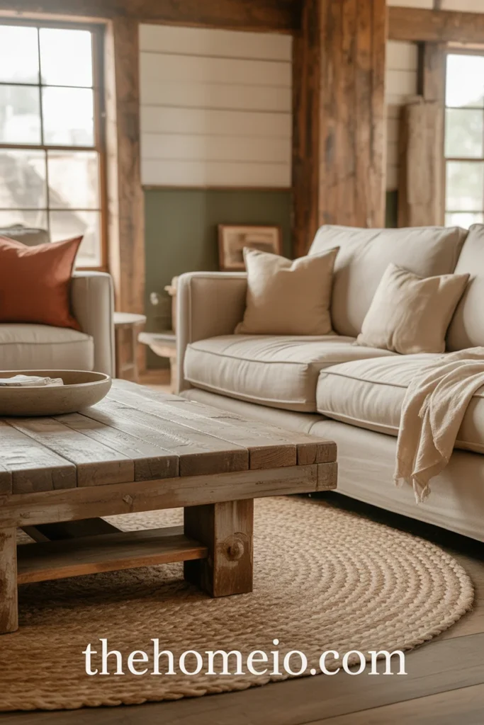 Braided jute rug in rustic farmhouse living room