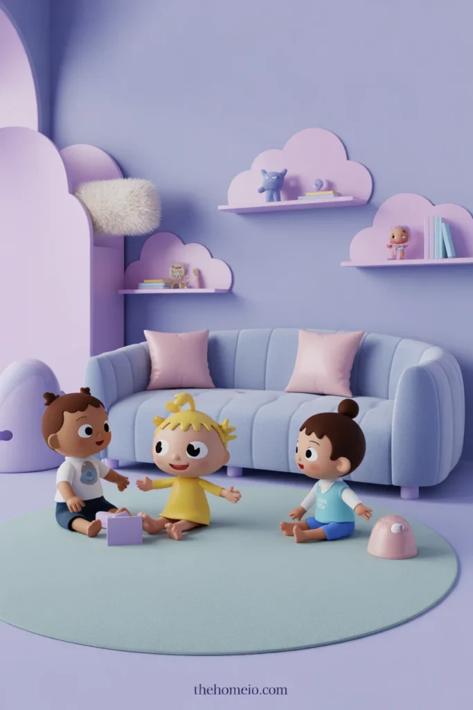 Toca Boca pastel living room ideas with soft colors blue sofa and pink cushions