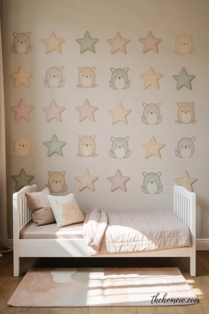Toddler bedroom with soft wall decals and neutral decor