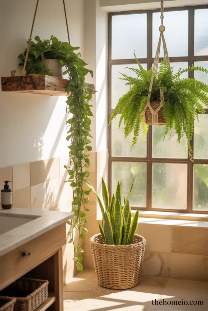 Lush boho bathroom with trailing pothos on shelf hanging Boston fern near window and tall snake plant in woven basket beside vanity