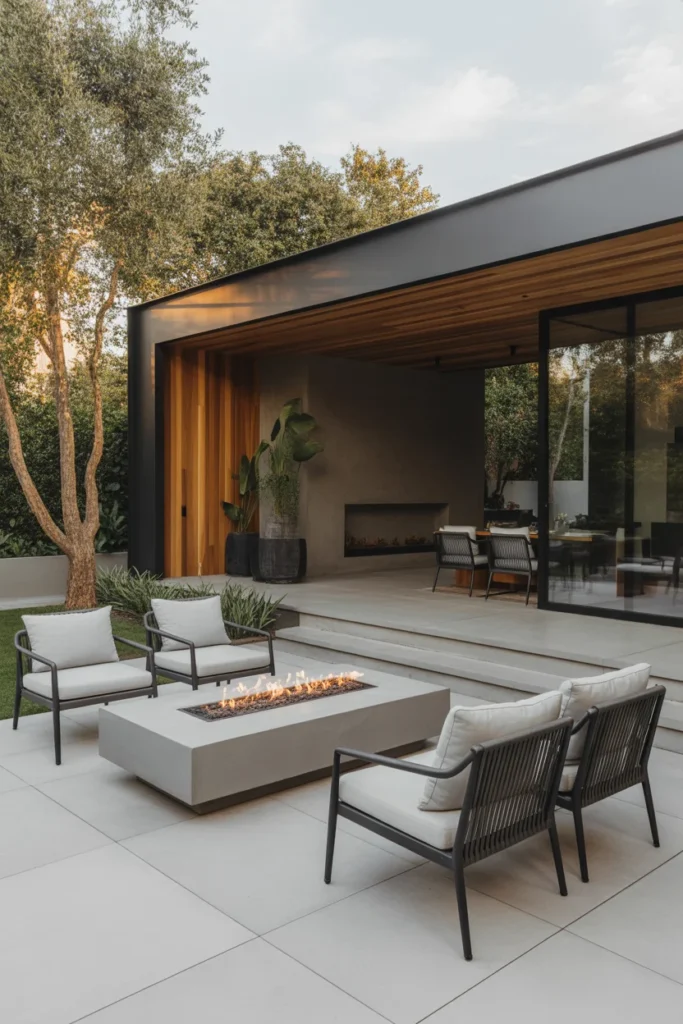 Modern minimalist fire pit patio with sleek furniture