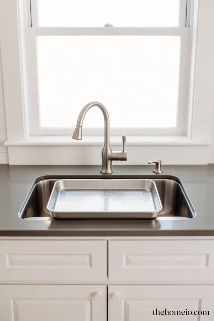 Modern kitchen with large single bowl stainless undermount sink accommodating full sheet pan with high arc brushed nickel faucet above