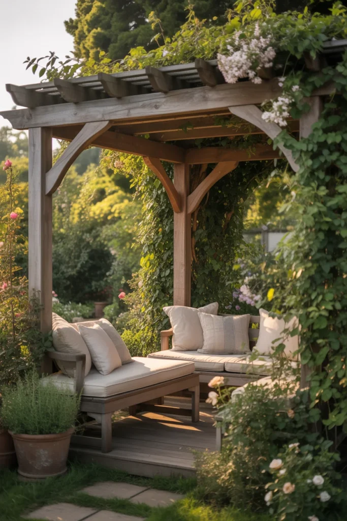 Pergola covered with vines for natural patio shade