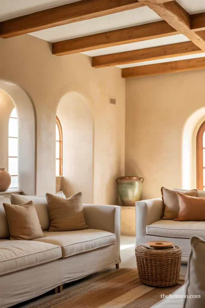 Rustic wood beams in Mediterranean living room