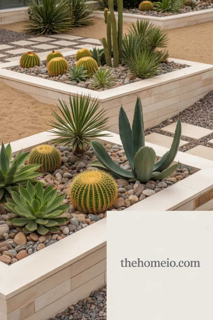 Raised succulent beds in front yard landscaping