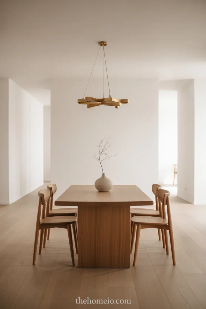 Scandinavian dining room with solid oak table clean-legged chairs single ceramic vase with branch and statement pendant light above
