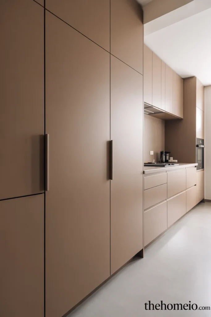 Matte taupe kitchen cabinets with soft modern finish