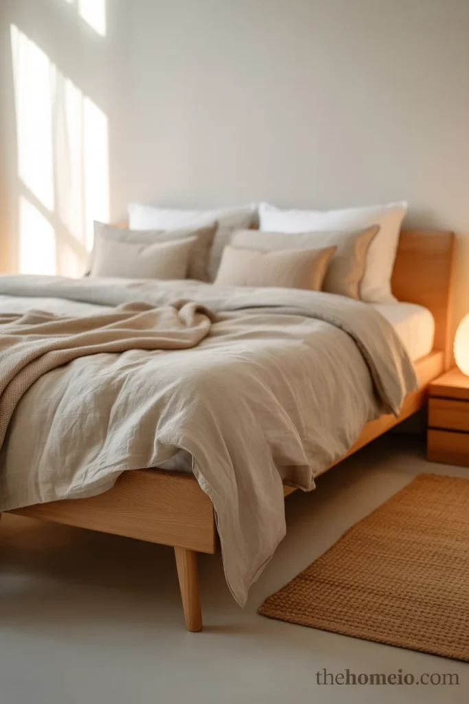 Jute rug in calm minimalist bedroom with warm lightin