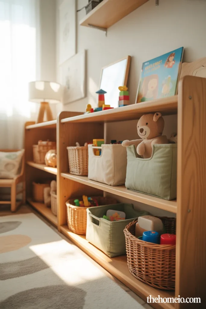 Open toy storage shelves in organized toddler bedroom