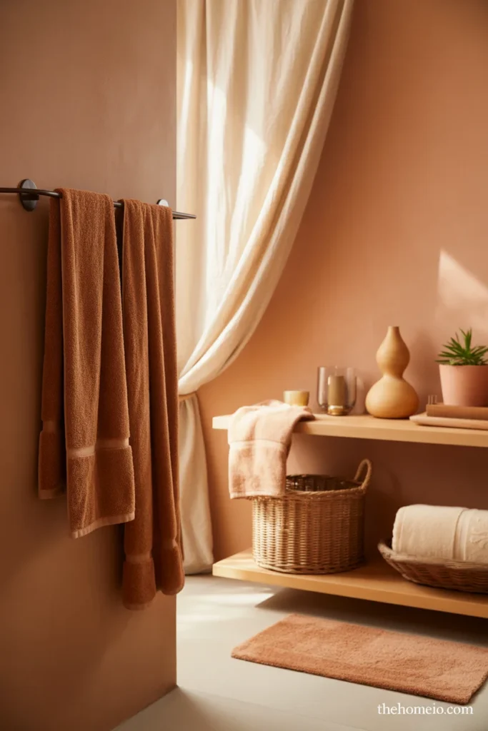 Boho bathroom with warm terracotta walls cream oatmeal accessories terracotta towels linen shower curtain and wooden shelf