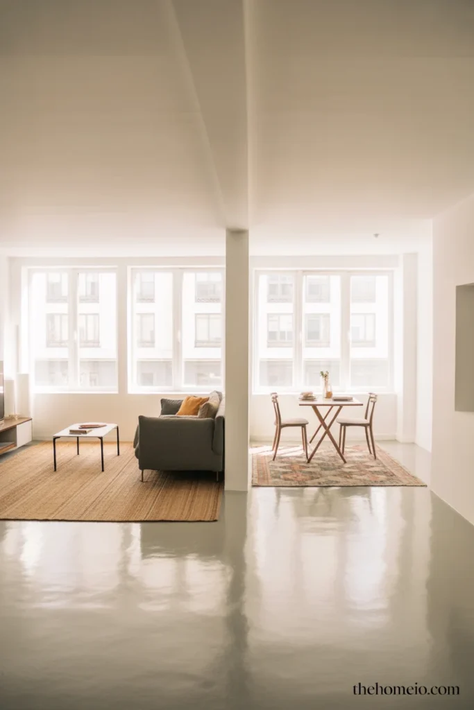 Small studio apartment with living zone defined by jute rug under sofa and dining zone defined by patterned rug under bistro table