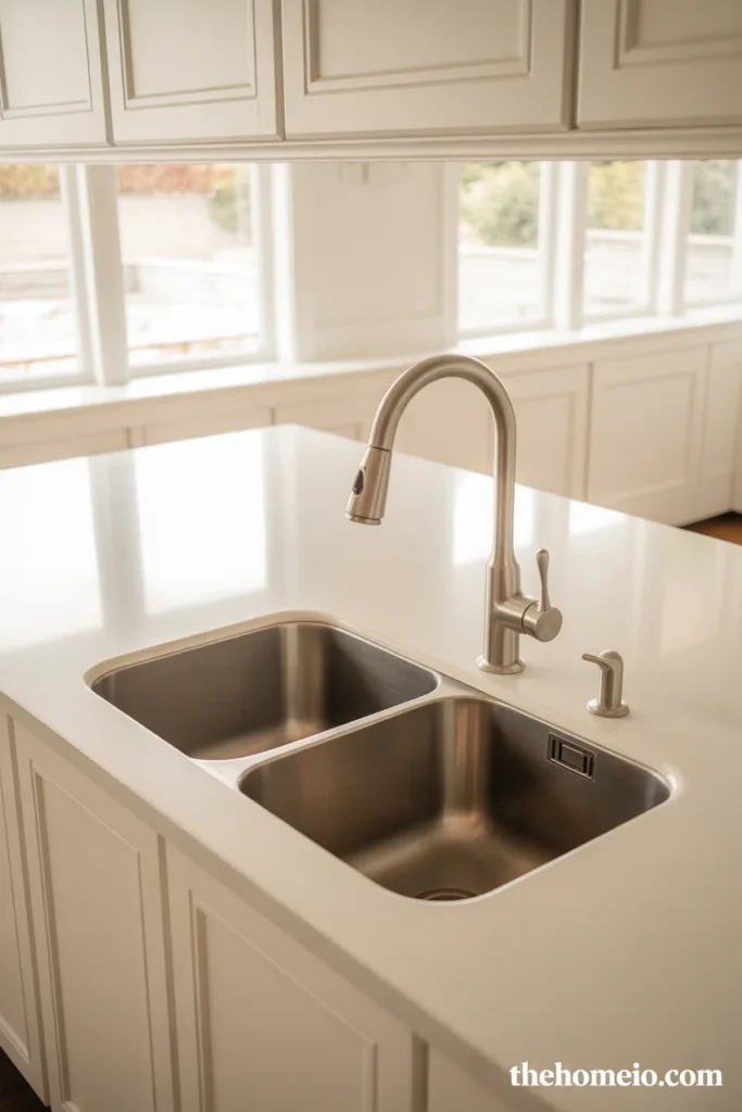 Classic kitchen with 60/40 split double bowl stainless undermount sink below white quartz countertop and brushed nickel pull-down faucet