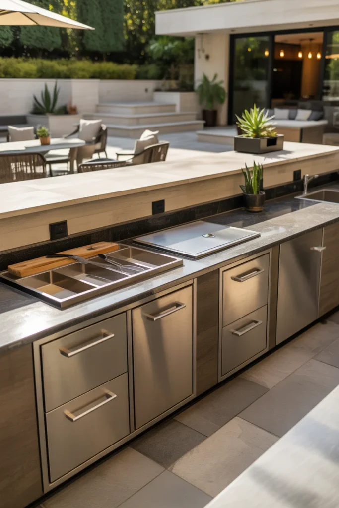 Outdoor grill station with built-in storage cabinets