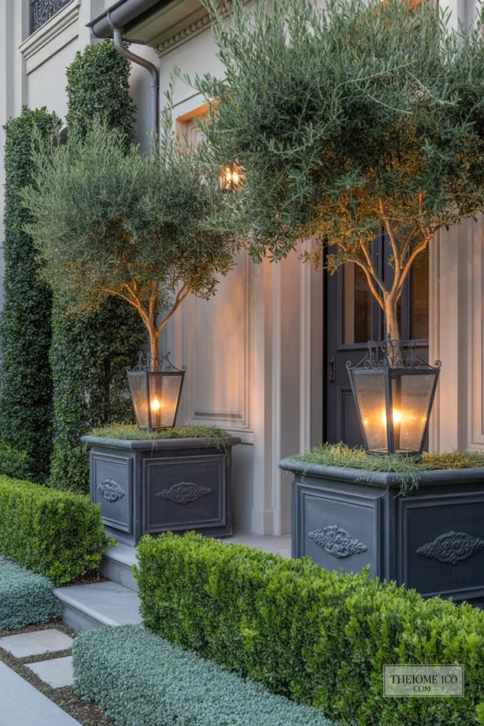 Lanterns paired with outdoor planters on porch