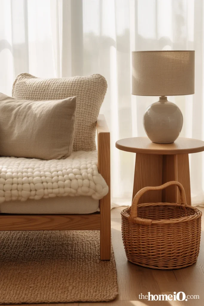 Scandinavian living room corner with linen cushion wool throw oak sofa jute rug ceramic lamp linen shade and woven basket