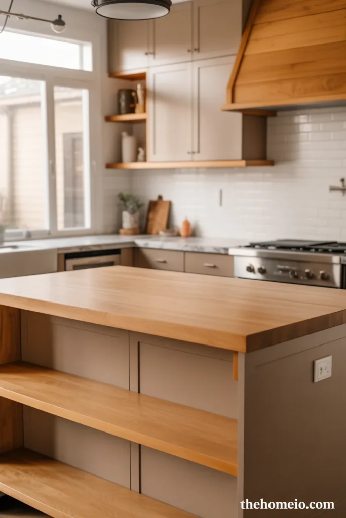 Taupe kitchen cabinets with natural wood accents