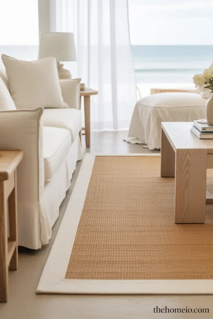 Jute rug with white border in coastal living room