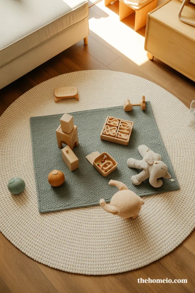 Layered rugs in toddler play area with soft textures