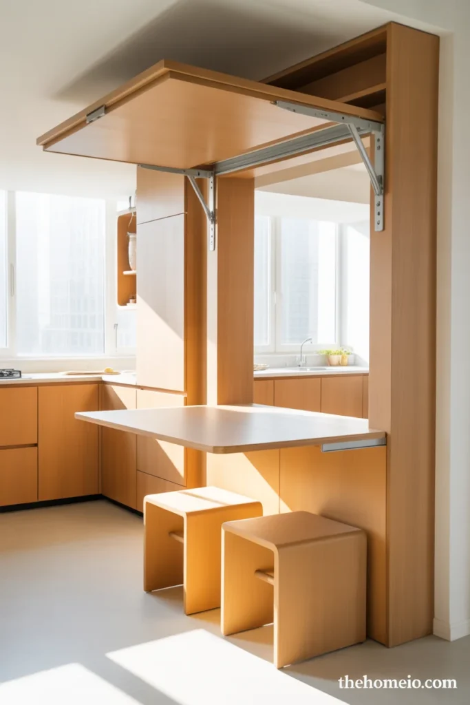 Small apartment with fold-down wall-mounted oak dining table open with two stools showing minimal floor space impact