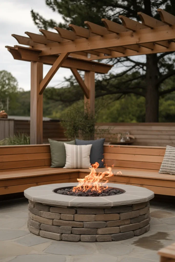 Stone fire pit patio with warm wood accents