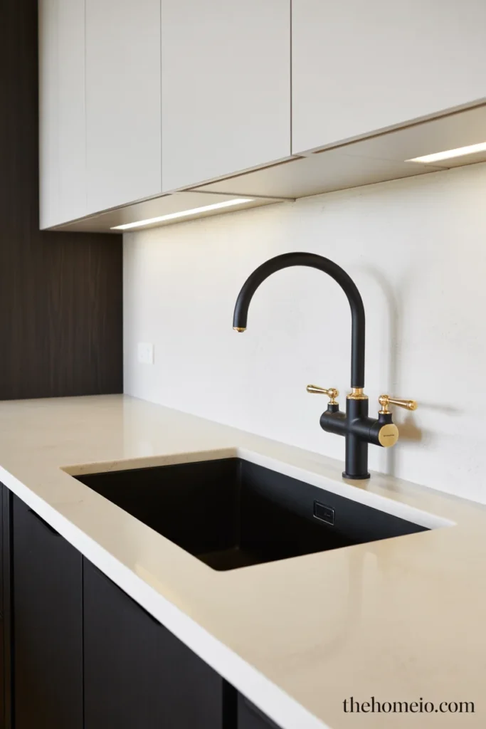 Contemporary kitchen with matte black composite granite undermount sink in cream quartz countertop and matte black bridge faucet with brass accents