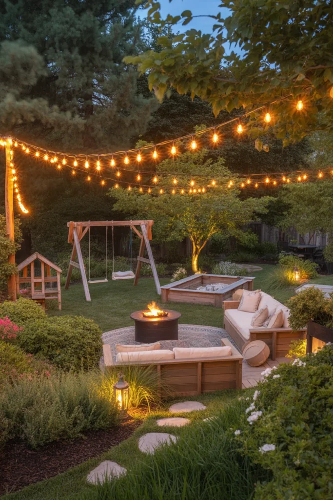 Kid-friendly backyard with warm string lights
