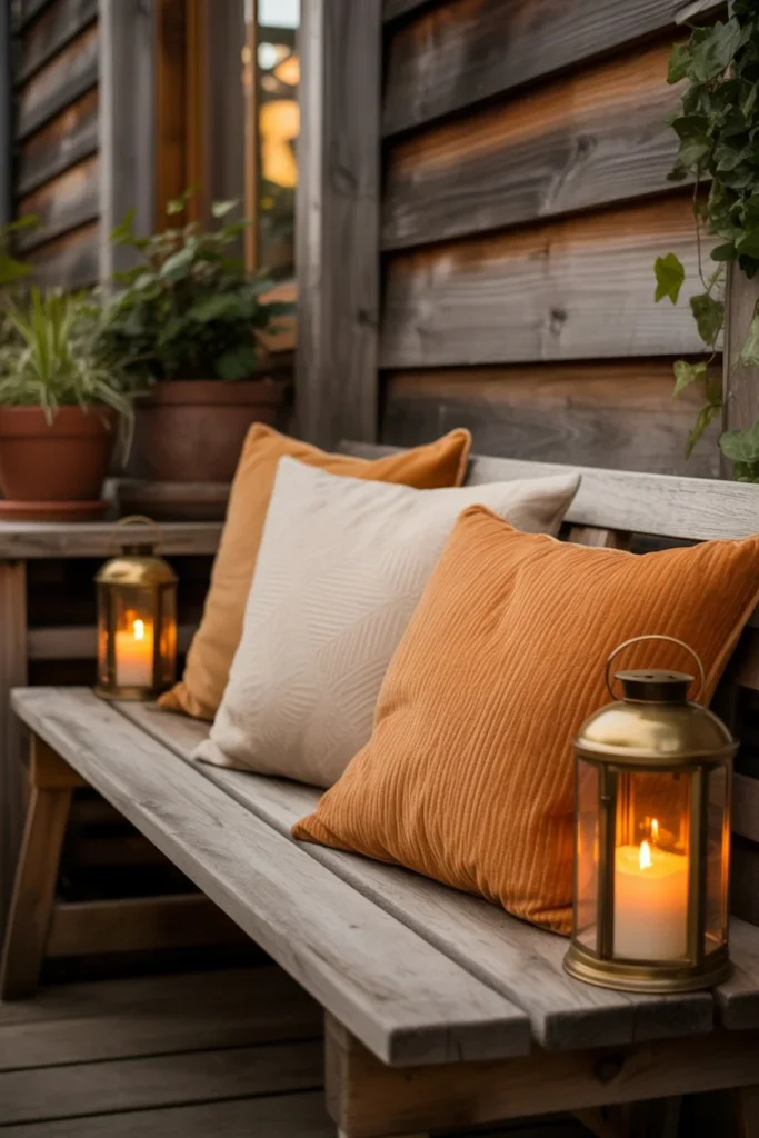 Cozy porch bench with lantern decor