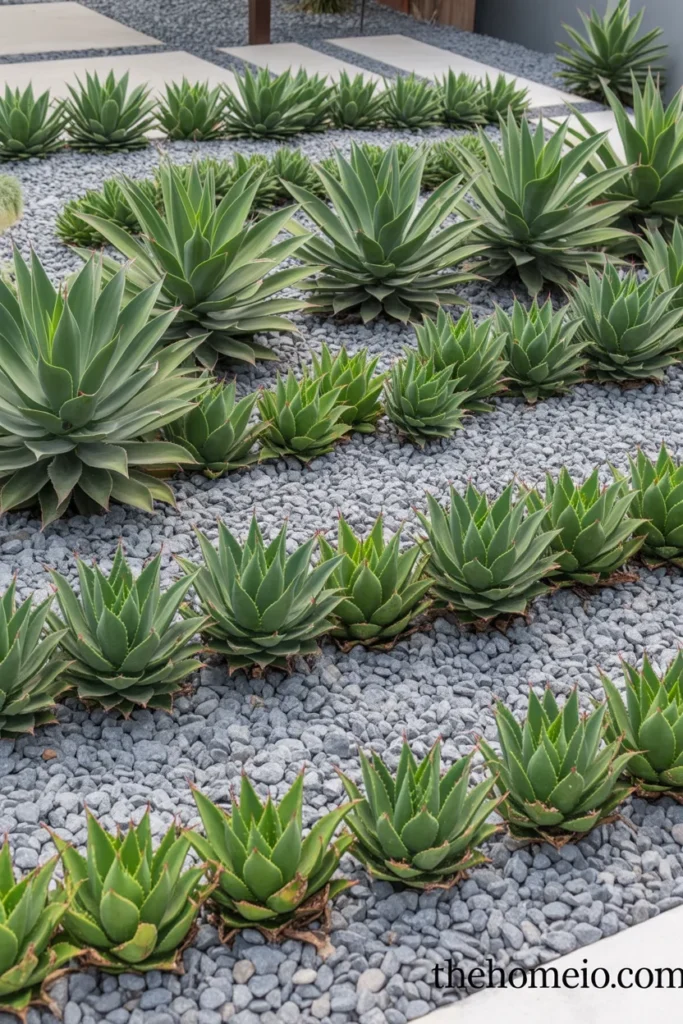 Repeating succulent plants in front yard design