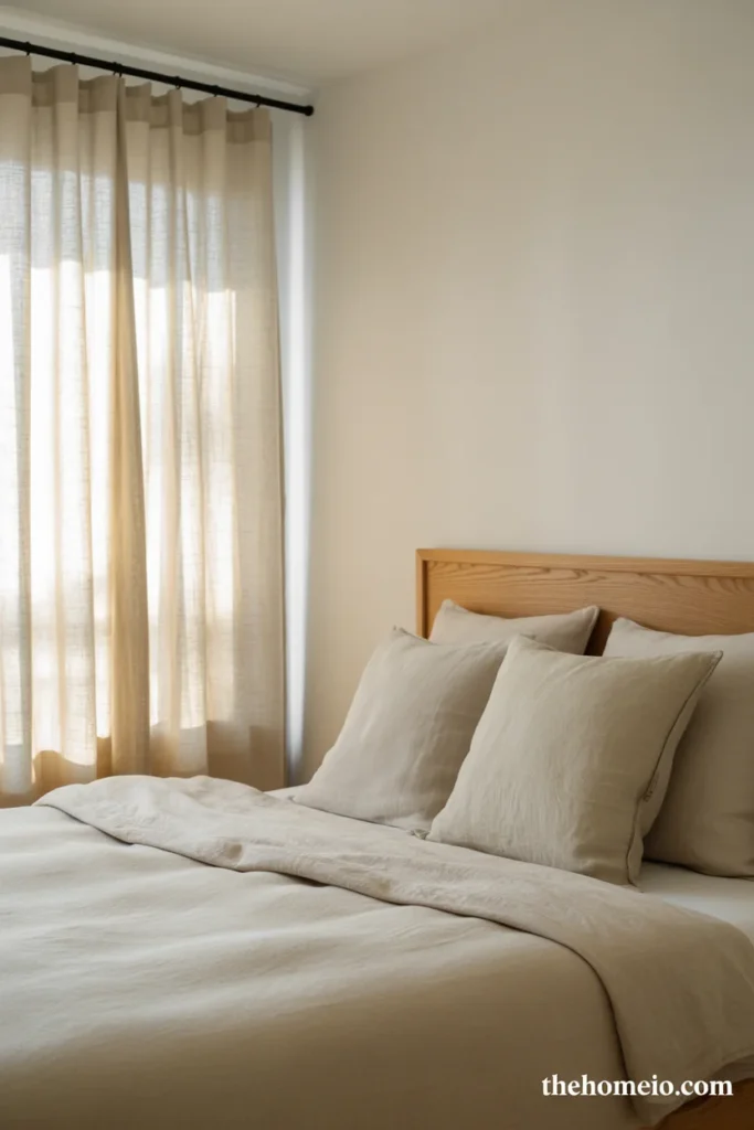 Scandinavian bedroom with undyed linen duvet pale oat cushions linen curtains on black rod and light oak bedframe in soft morning light