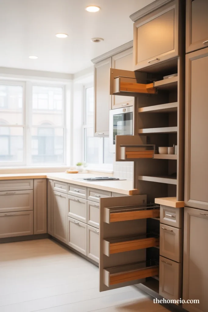 Small kitchen with light taupe cabinets and open feel