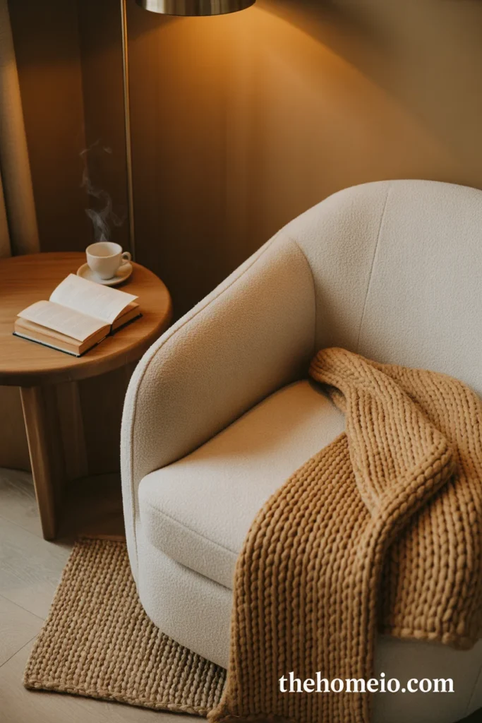 Cozy reading corner with small jute rug and warm lighting
