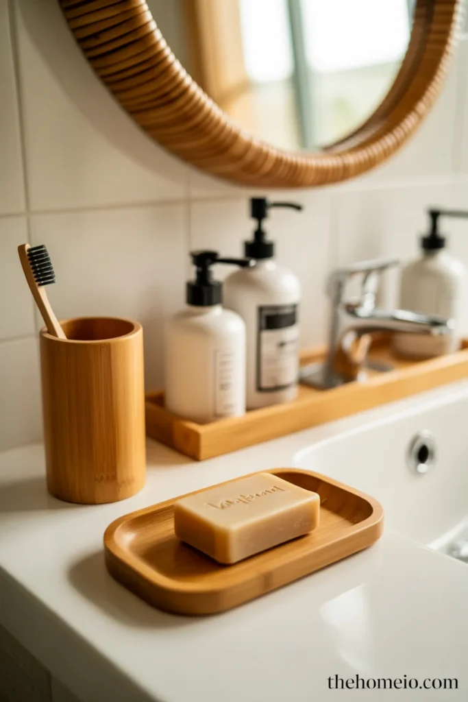 Boho bathroom vanity with teak soap dish bamboo toothbrush holder wooden tray corralling essentials and white ceramic accessories
